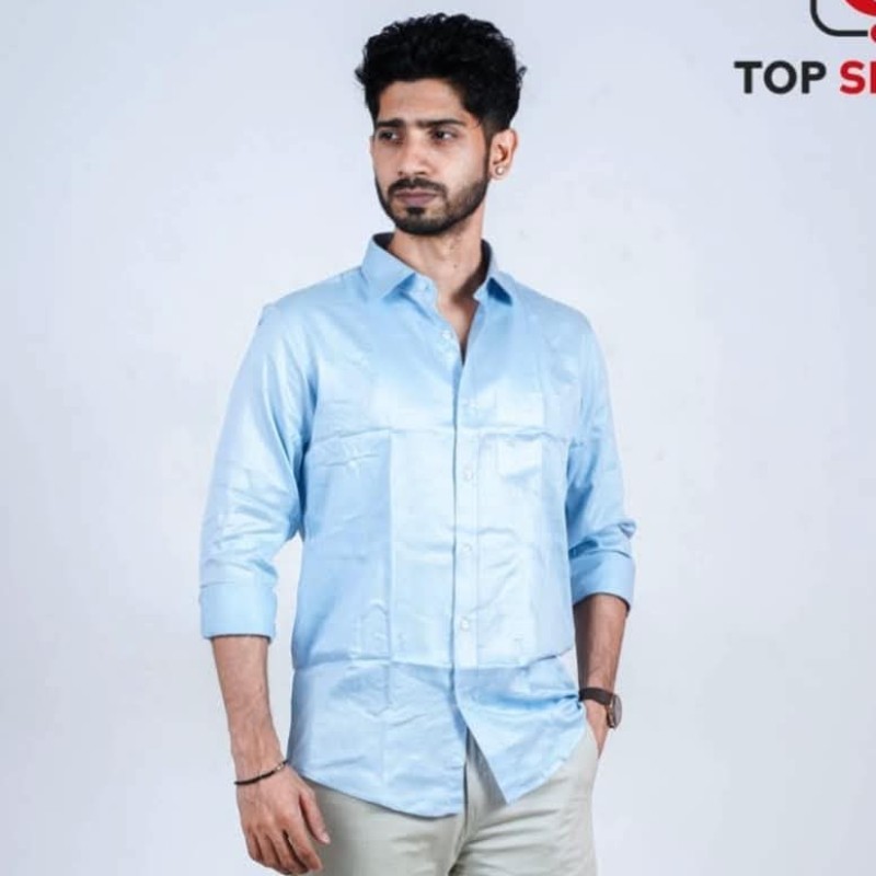 সফট কটন এককালার ফুলহাতা শার্ট-( আকাশি কালার)